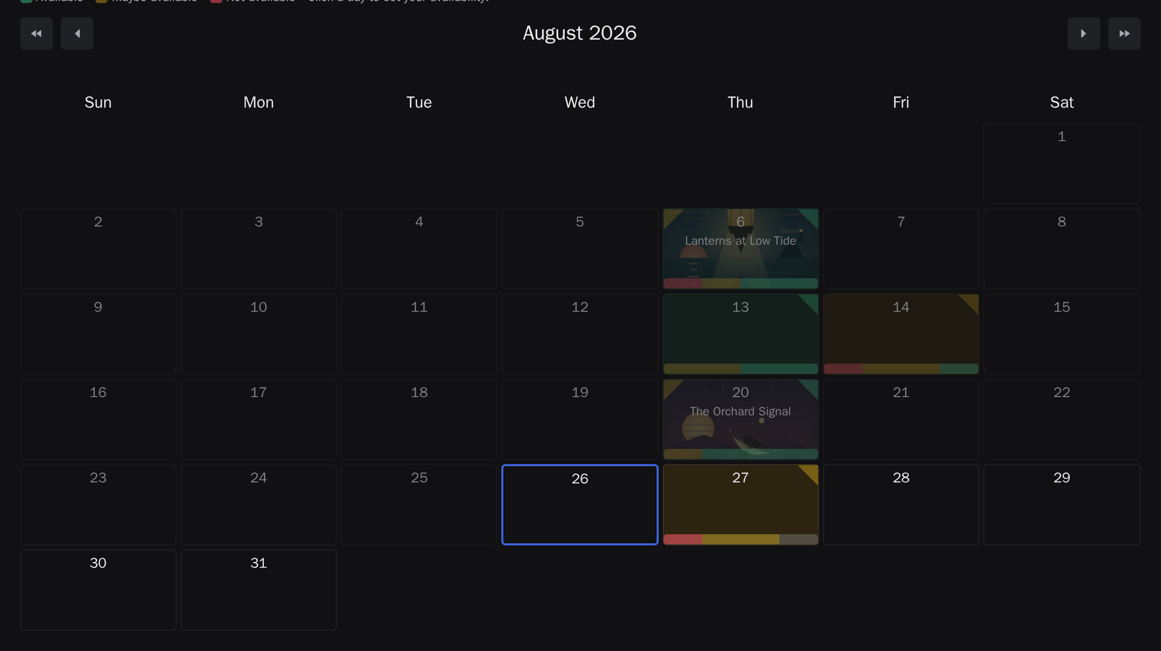 A month calendar with member availability and a planned movie night