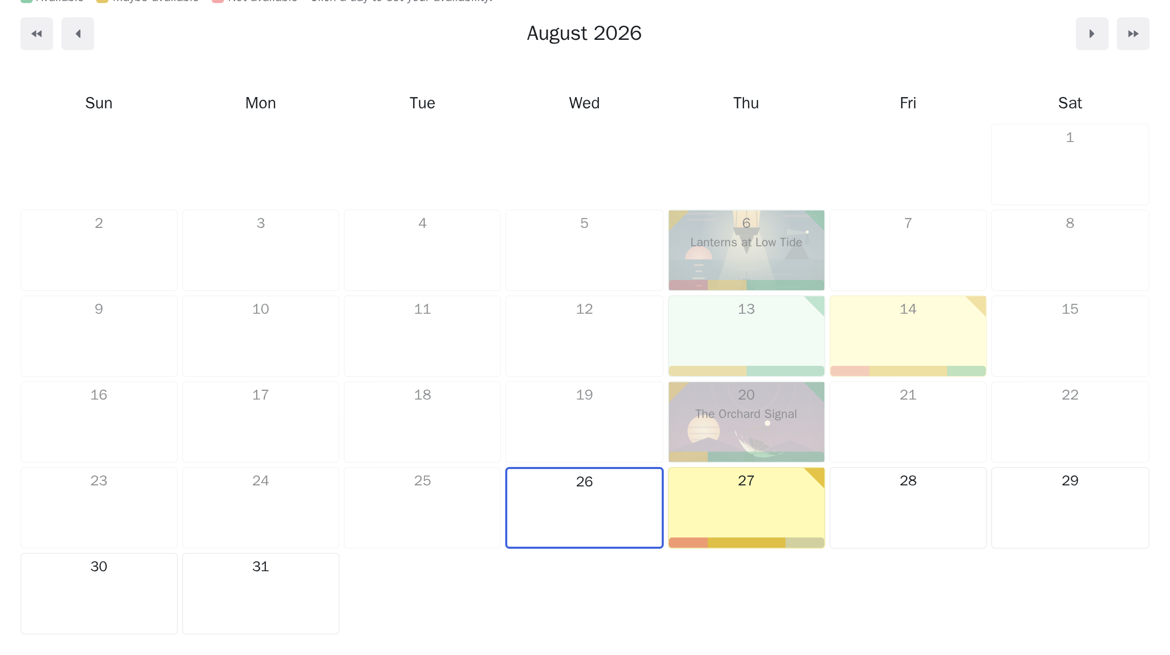 A month calendar with member availability and a planned movie night