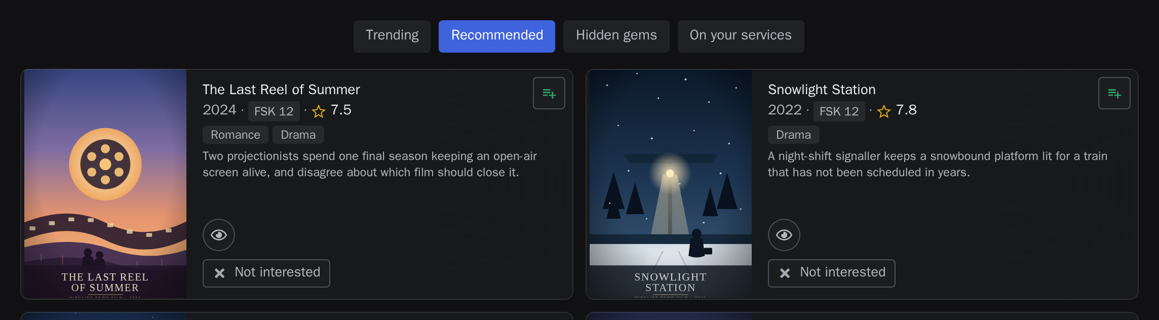 Empfohlene Filme für eine Watchlist