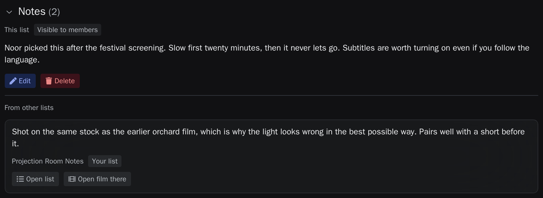 Die Notizen zu einem Film: die eigene Notiz dieser Liste und eine aus einer anderen Liste