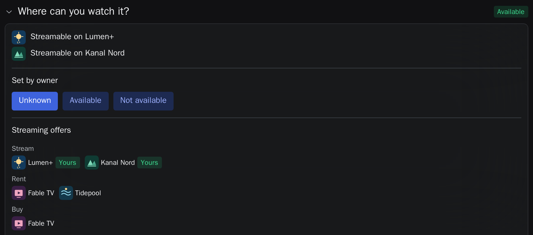 The watch-availability section of a film page