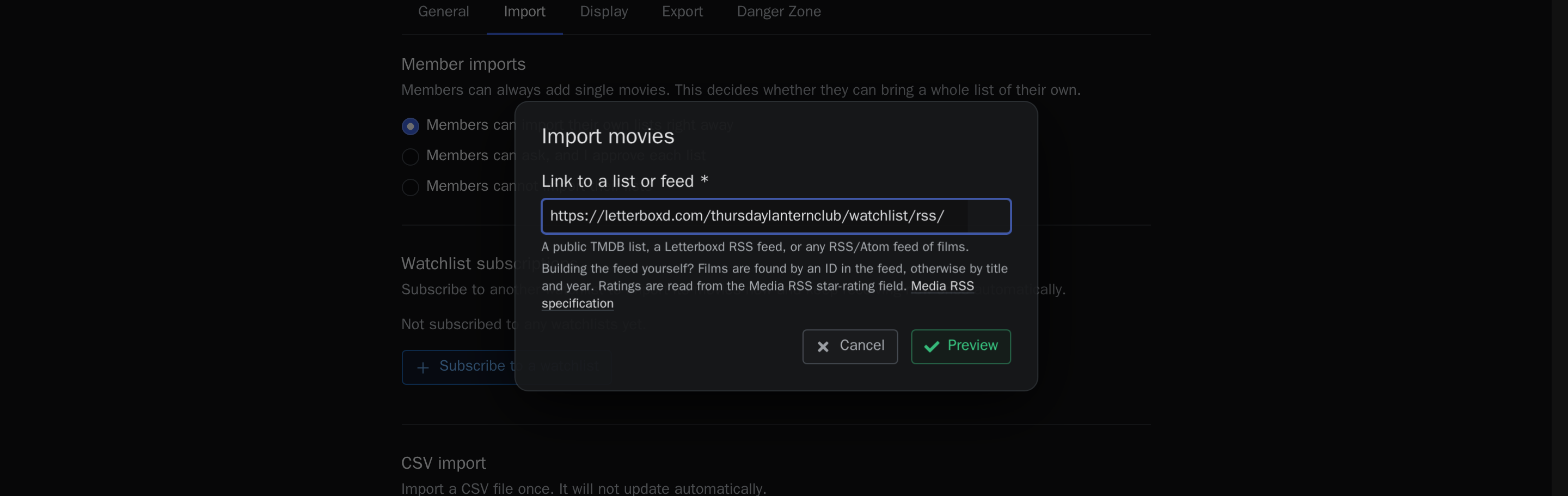 Der Importdialog mit der Adresse eines Letterboxd-RSS-Feeds als Quelle