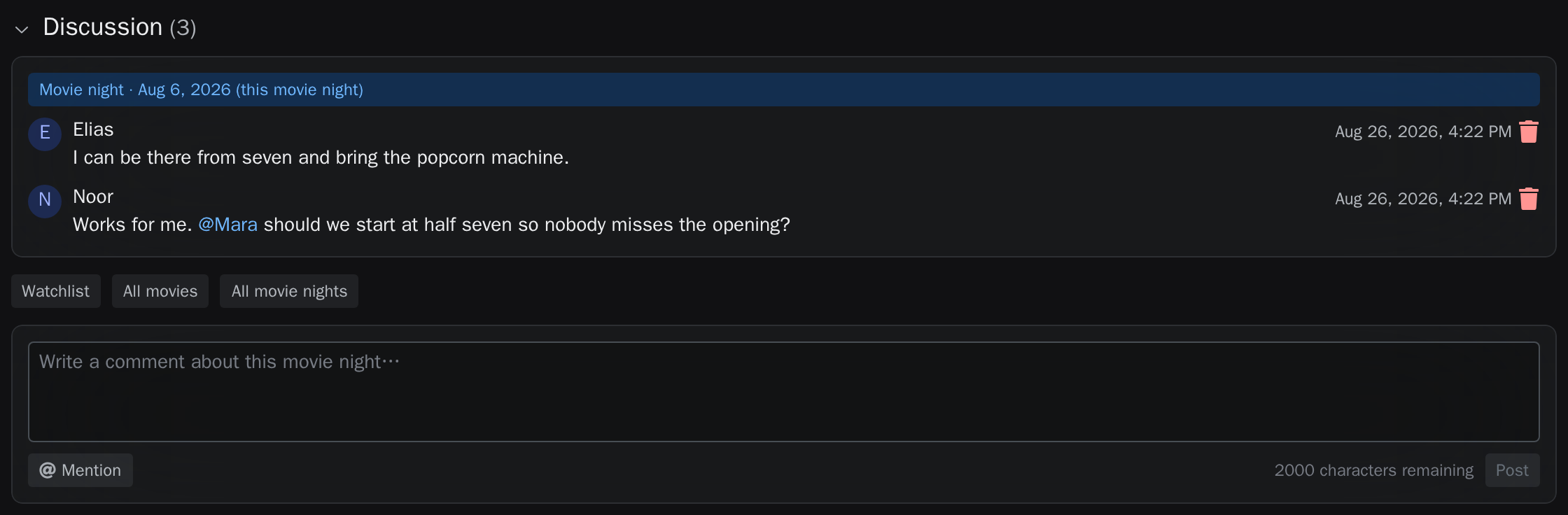 Ein Diskussionsverlauf zu einem Filmabend mit einer Erwähnung