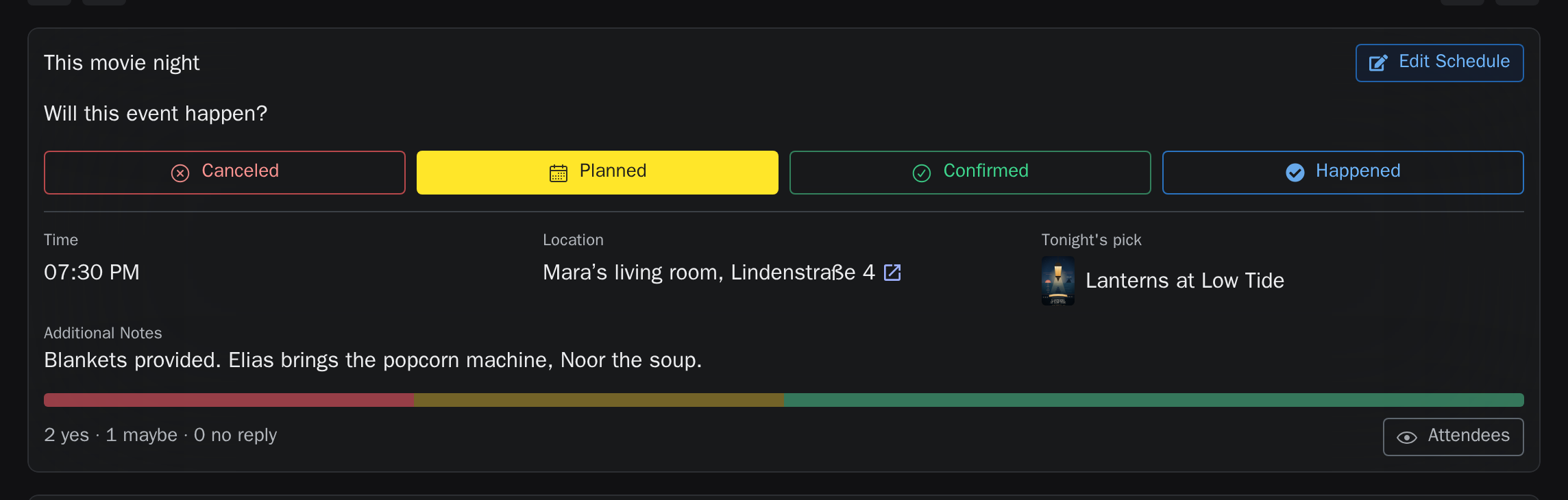A movie-night page showing status, time, location and the chosen film
