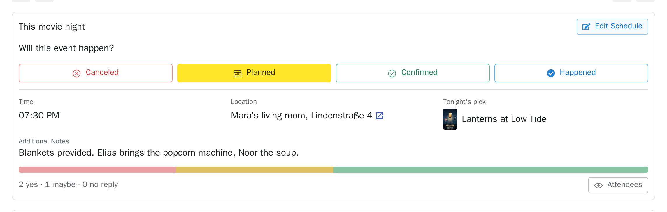 A movie-night page showing status, time, location and the chosen film