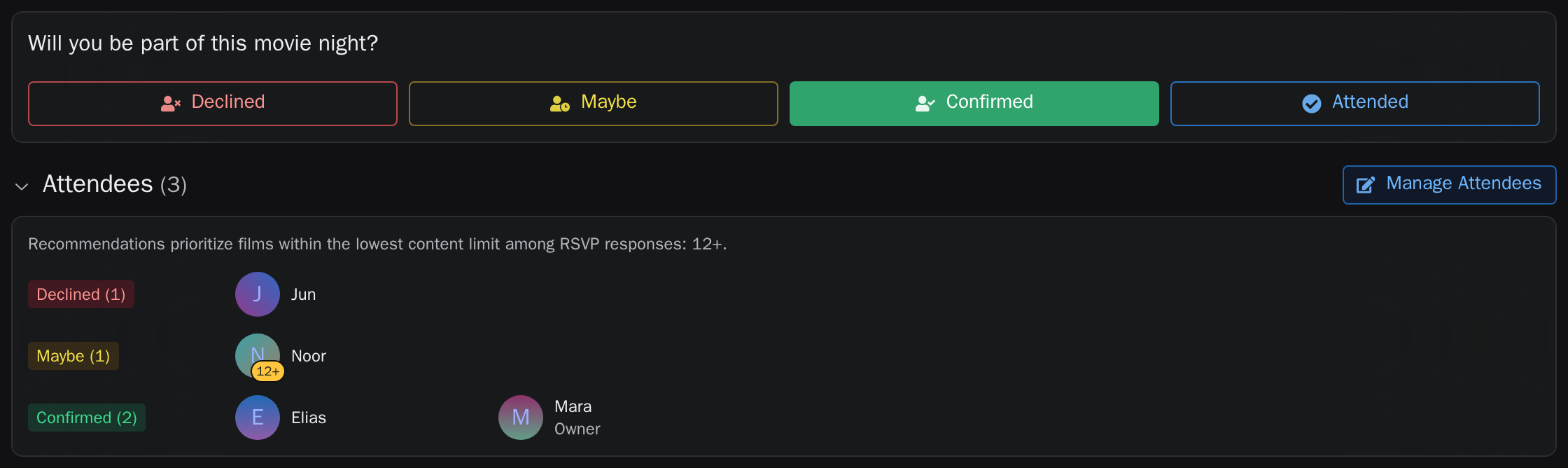 RSVP buttons above a list of members and their answers