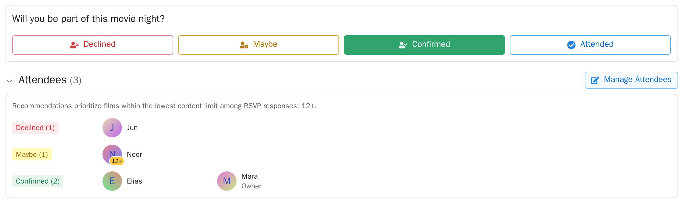 RSVP buttons above a list of members and their answers