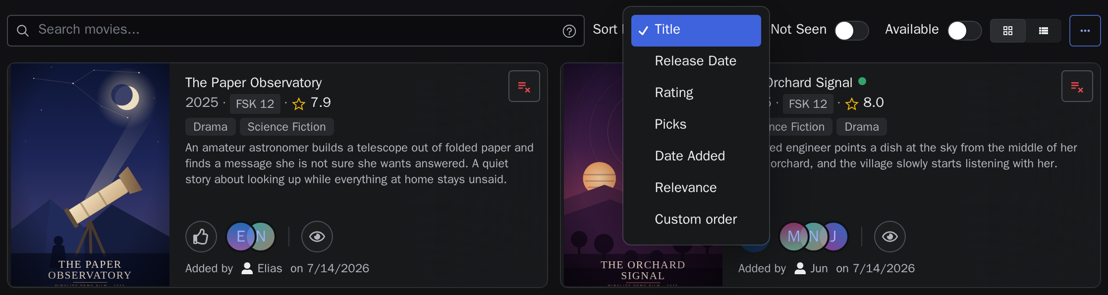 The sort menu of a watchlist, with the not-seen and available filters beside it