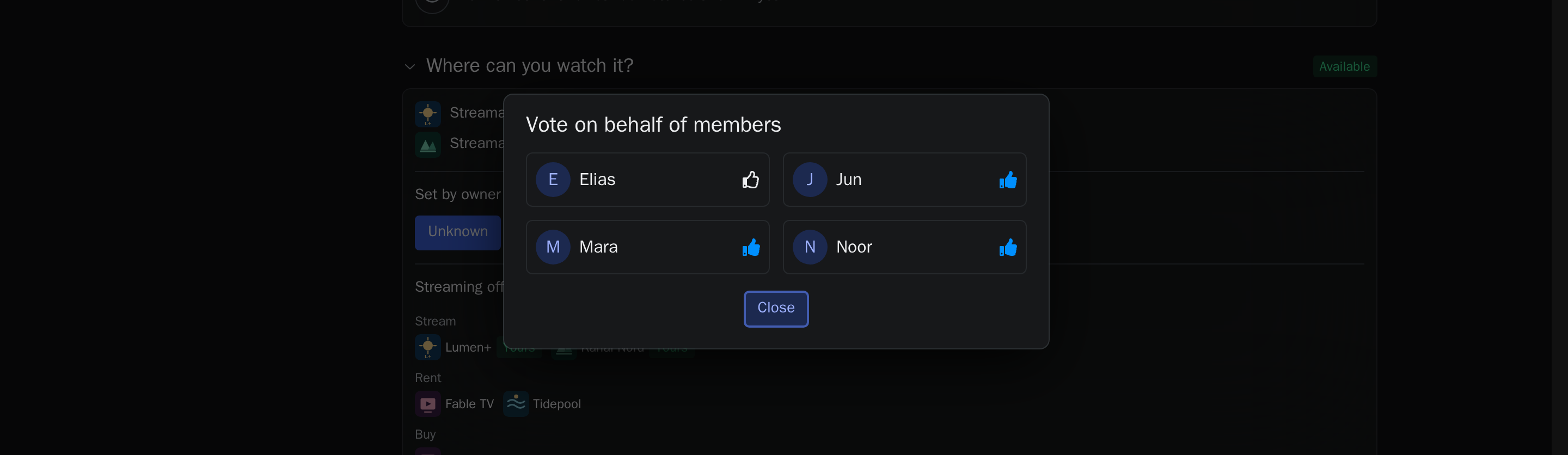 A voting dialog over a film page, listing every member of the watchlist