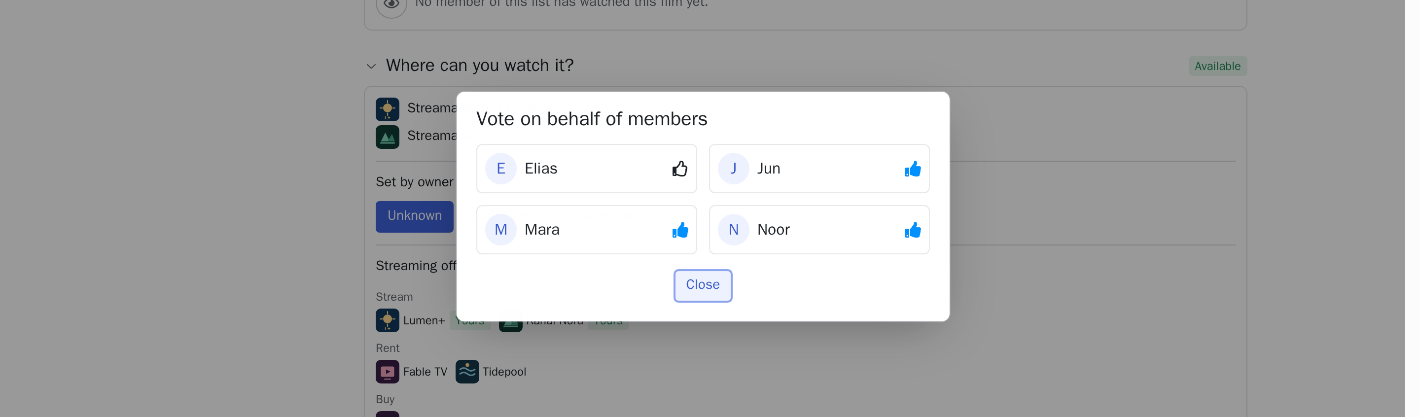 A voting dialog over a film page, listing every member of the watchlist